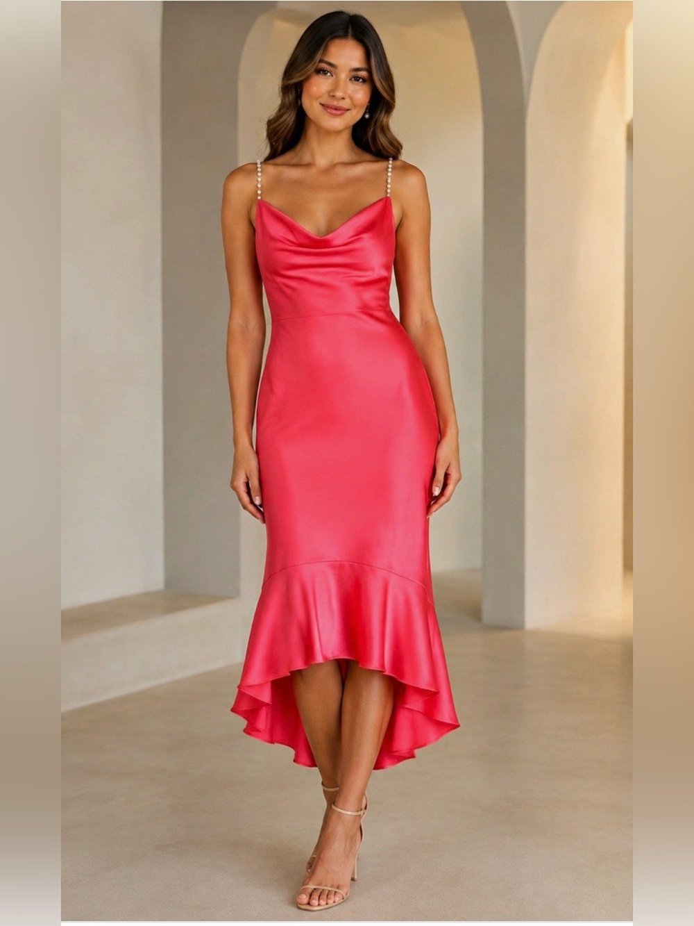 Adrianna Papell Stretch Satin Cowl Neck Slip Midi Dress with Pearl Straps